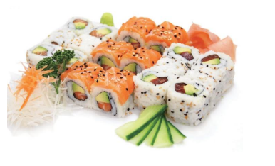 Soupe, salade, 6 California saumon, 6 California concombre, 6 maki prince